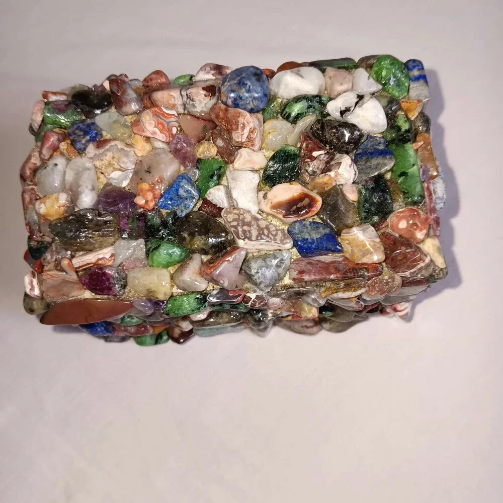 Crystal and Wood Trinket Box with Multicolor Polished Natural Stones Hinged Lid